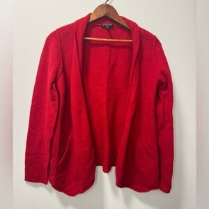 Eileen Fisher Valentine’s Red Open Front 100% Wool Cardigan Sweater with Pockets